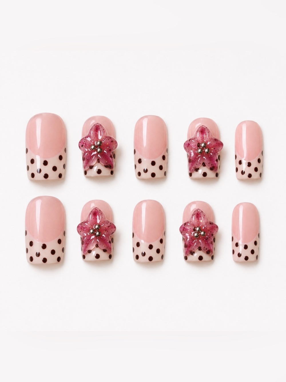 Pink Polka Dot Press-On Nails with 3D Flower Accents